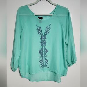 Seafoam Pastel Green with Purple Boho Stitching - Boho Flowy Blouse Medium